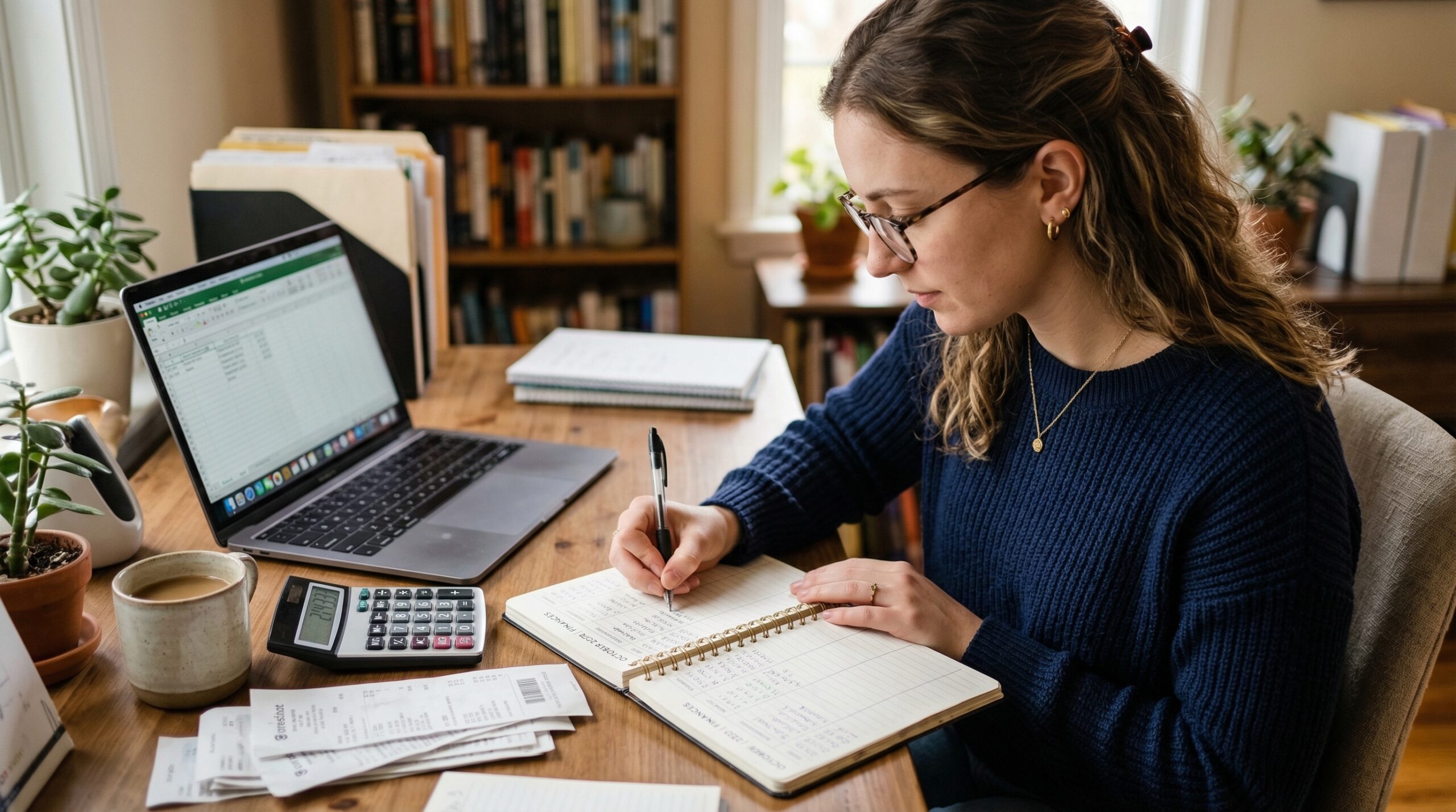 Mulher anotando gastos em caderno com notebook e calculadora.