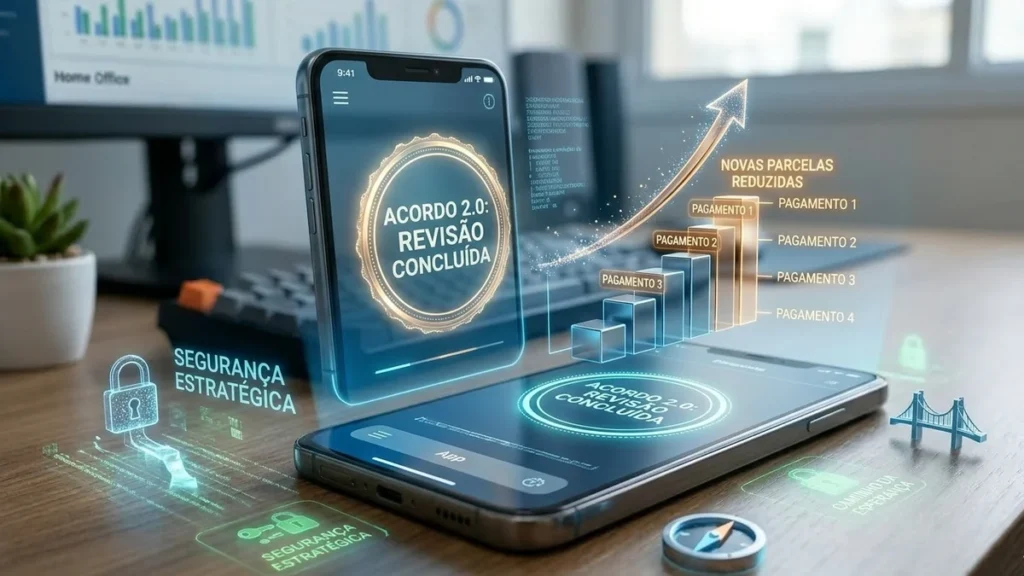 Ilustração digital 3D mostrando uma nova proposta de renegociação de dívida em um celular, com foco na flexibilidade de prazos e na retomada do controle financeiro.
