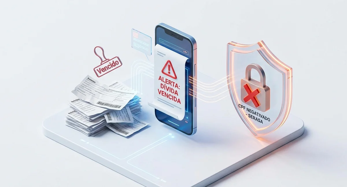 Ilustração 3D comparativa entre uma dívida pendente e a negativação do CPF, mostrando um celular com alertas, uma pilha de boletos e um escudo de restrição com cadeado.