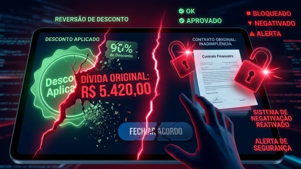 Ilustração digital mostrando a perda de desconto e o retorno do valor original de uma dívida após a quebra de um acordo financeiro.