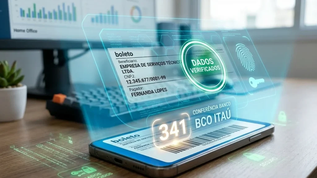 Close-up de um smartphone analisando tecnicamente os números de um boleto digital para verificar a autenticidade do banco e do beneficiário.