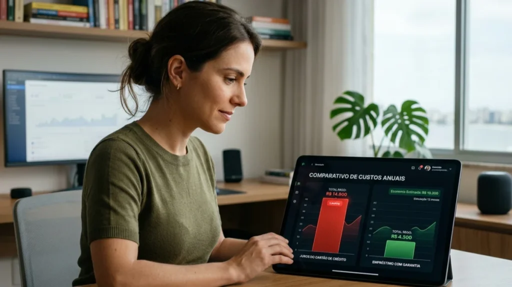 Comparação visual em um tablet mostrando a diferença vantajosa entre os juros altos do cartão de crédito e os juros baixos de um empréstimo planejado para limpar o nome.