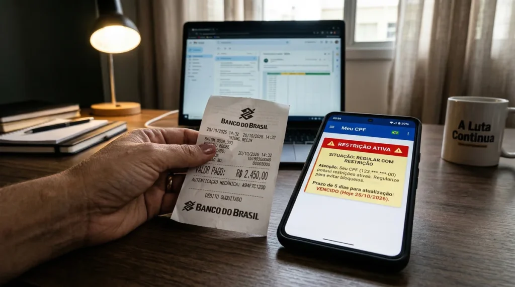 Close-up de uma mão segurando um comprovante de pagamento ao lado de um celular que ainda mostra o CPF com restrição, ilustrando a espera pela baixa da dívida.