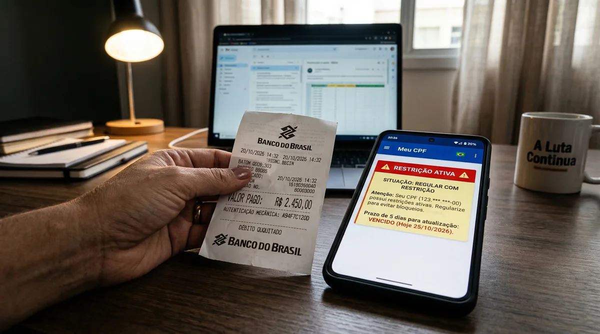 Close-up de uma mão segurando um comprovante de pagamento ao lado de um celular que ainda mostra o CPF com restrição, ilustrando a espera pela baixa da dívida.