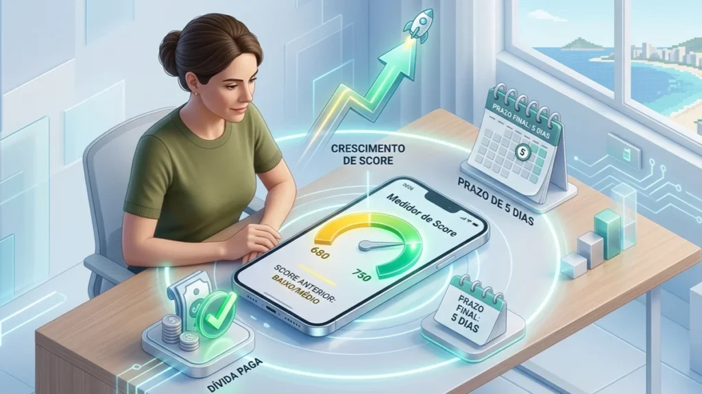 Ilustração digital mostrando um medidor de score subindo após a quitação de dívidas, simbolizando a reconstrução gradual do crédito no mercado.