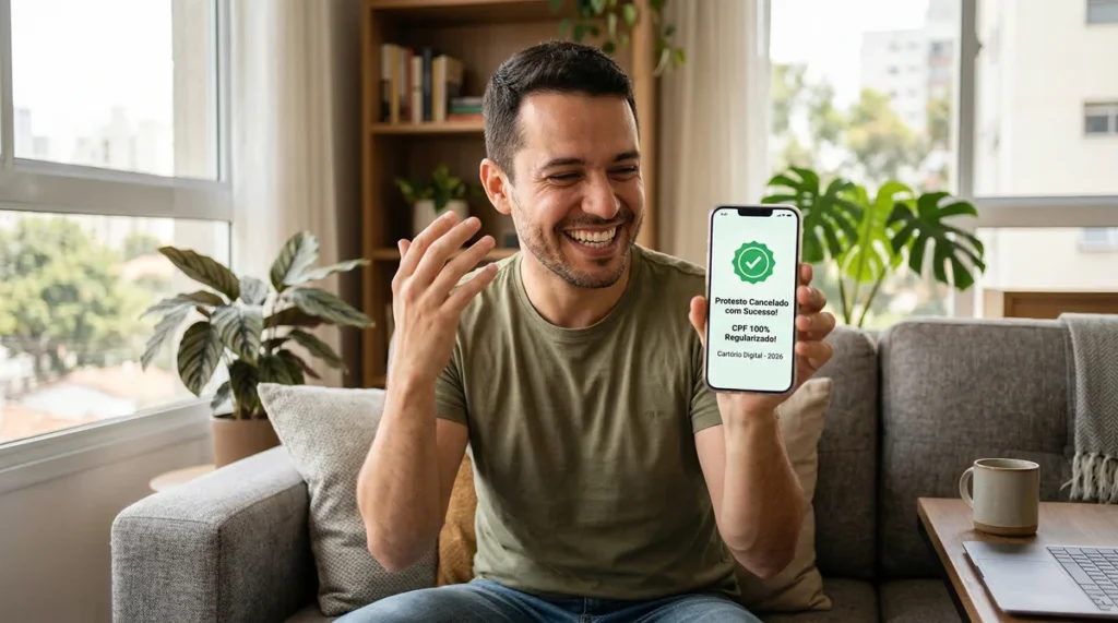 Pessoa sorridente ao celular conferindo o cancelamento de um protesto em cartório, simbolizando a limpeza total do nome e liberdade financeira.