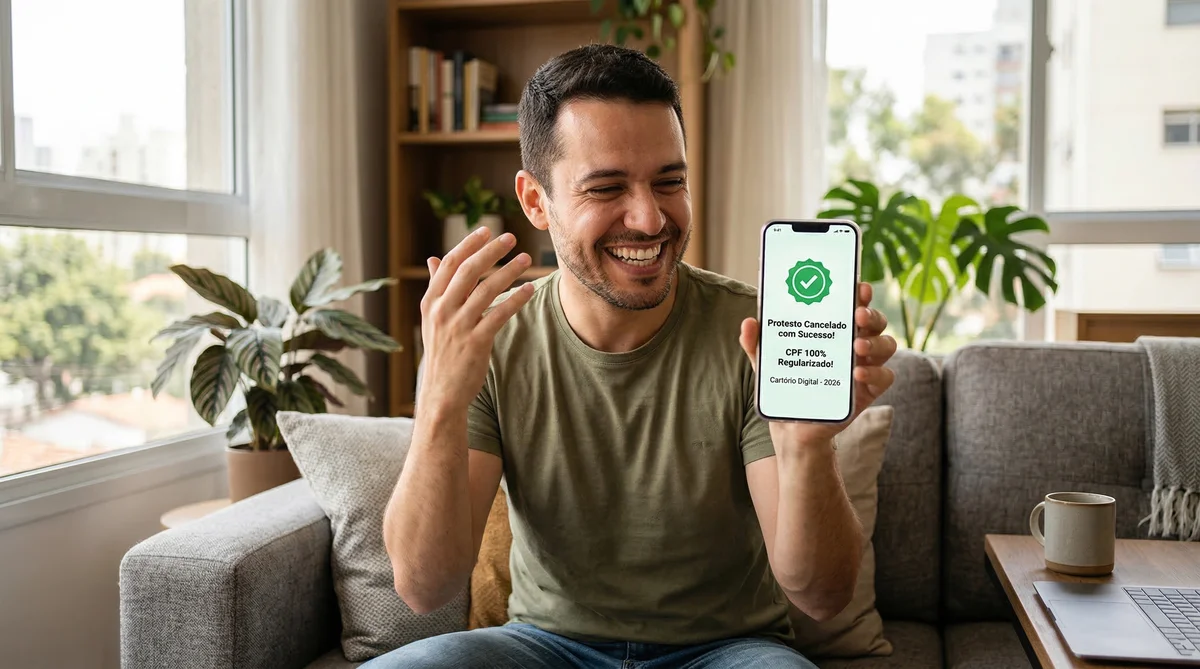 Pessoa sorridente ao celular conferindo o cancelamento de um protesto em cartório, simbolizando a limpeza total do nome e liberdade financeira.