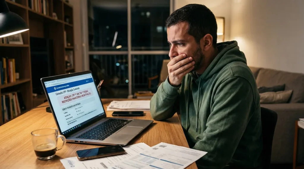 Homem preocupado observa tela de notebook com restrição no CPF.