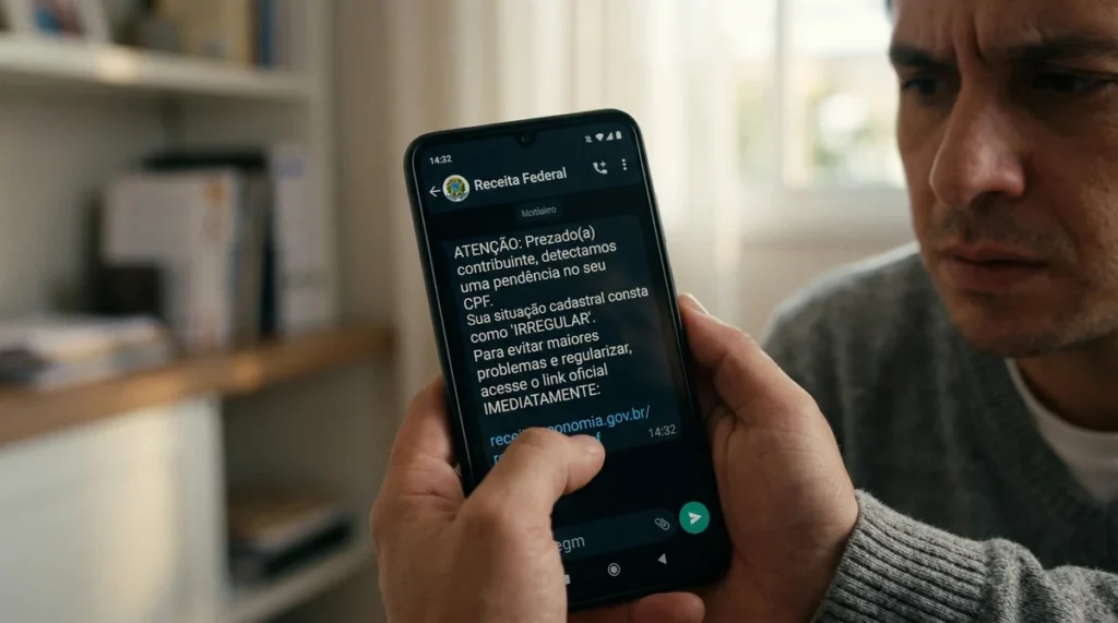 Homem desconfiado olha mensagem de falso aviso da Receita Federal no celular.
