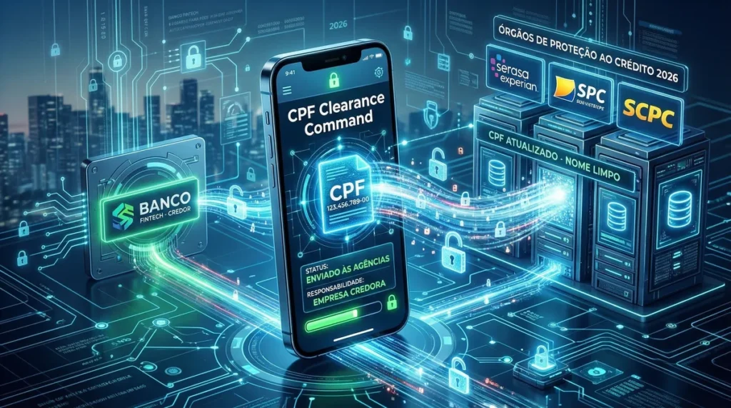 Ilustração 3D mostrando o envio digital de um comando de baixa de CPF de uma empresa credora para um banco de dados de proteção ao crédito.