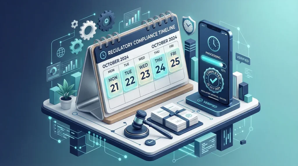 Ilustração 3D de um calendário destacando o prazo de 5 dias úteis ao lado de um celular com barra de progresso, simbolizando o tempo de espera legal para limpar o nome.