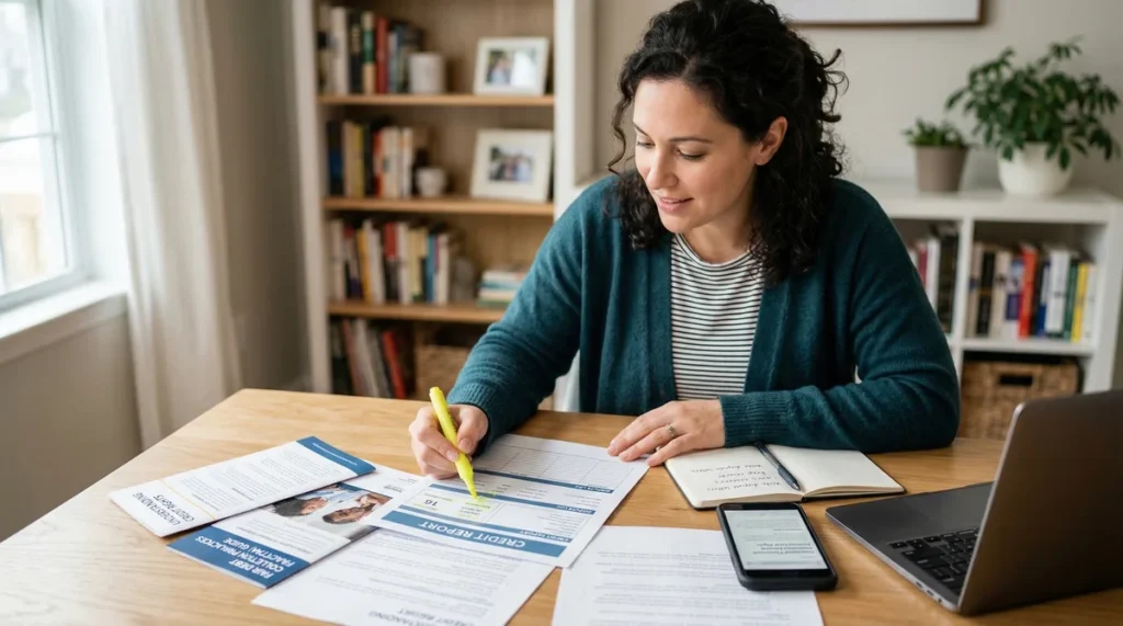 Mulher marca informações em relatório de crédito sobre a mesa.