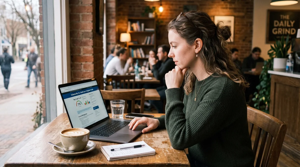 Mulher em café analisando gráfico de score no notebook.