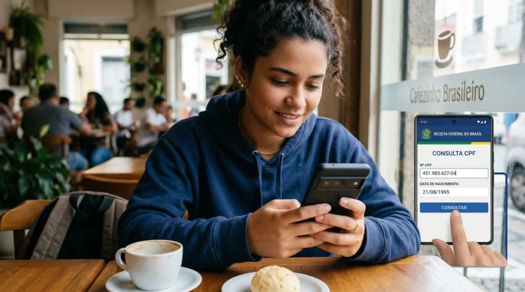 Mulher em uma cafeteria usando celular para consultar CPF.