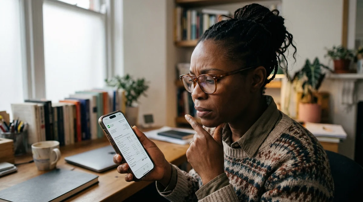 Mulher de óculos olhando celular com dados financeiros.