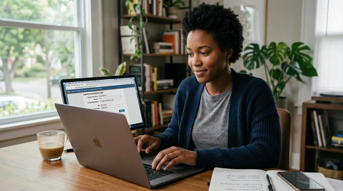 Mulher negra sorrindo enquanto preenche formulário de registro de empresa no notebook.