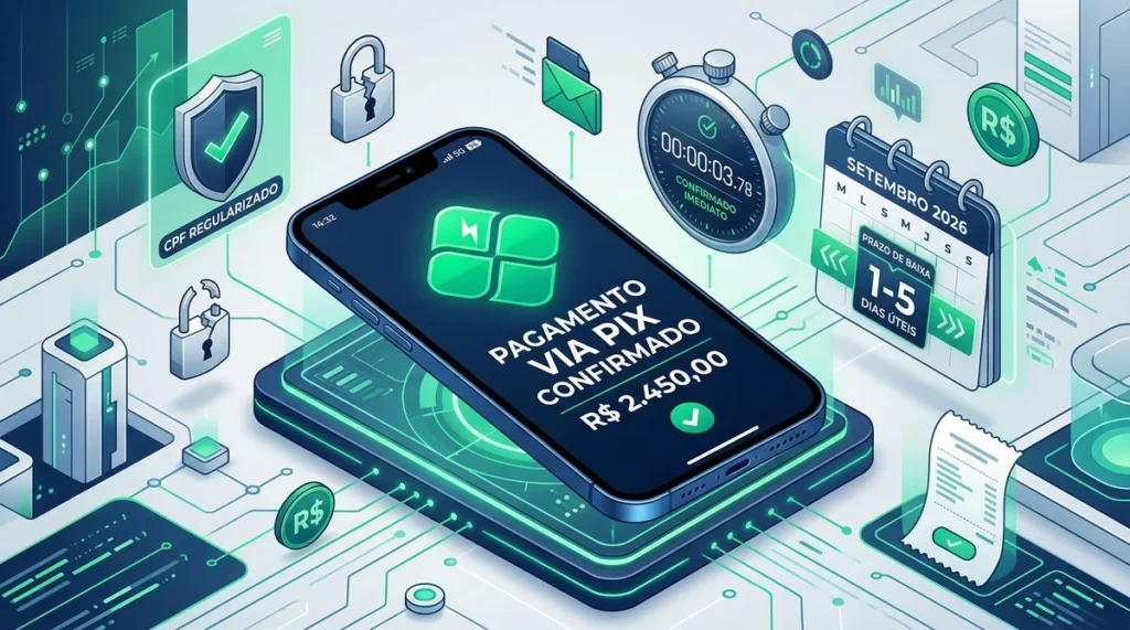 Ilustração 3D de um smartphone confirmando um pagamento via Pix, cercado por um calendário que representa o prazo legal de 5 dias úteis para limpar o nome.