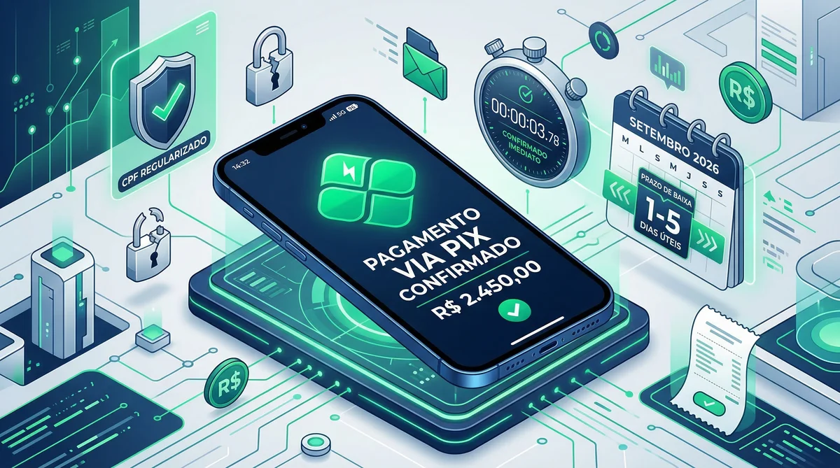 Ilustração 3D de um smartphone confirmando um pagamento via Pix, cercado por um calendário que representa o prazo legal de 5 dias úteis para limpar o nome.