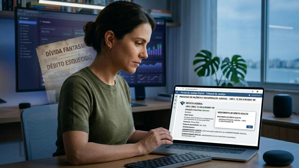 Pessoa pesquisando o status judicial de uma empresa falida em um laptop para localizar o responsável pela dívida e limpar o CPF.
