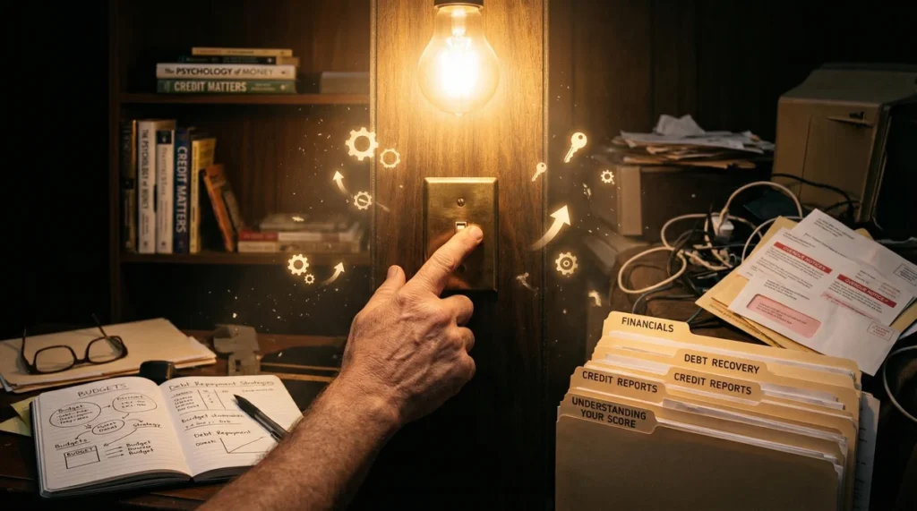 Pessoa acendendo luz sobre mesa com pastas financeiras.