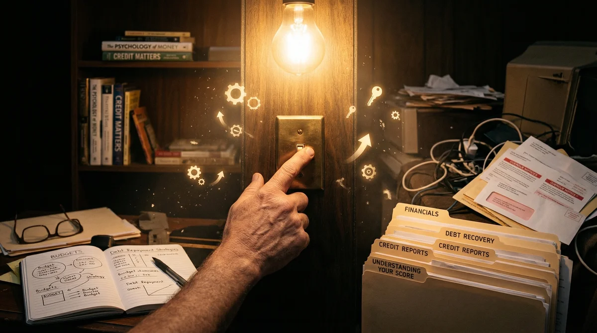 Pessoa acendendo luz sobre mesa com pastas financeiras.