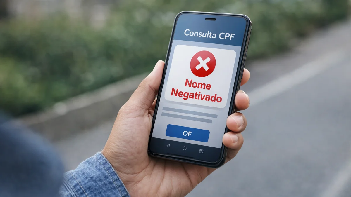 Pessoa segura celular exibindo aviso de nome negativado.