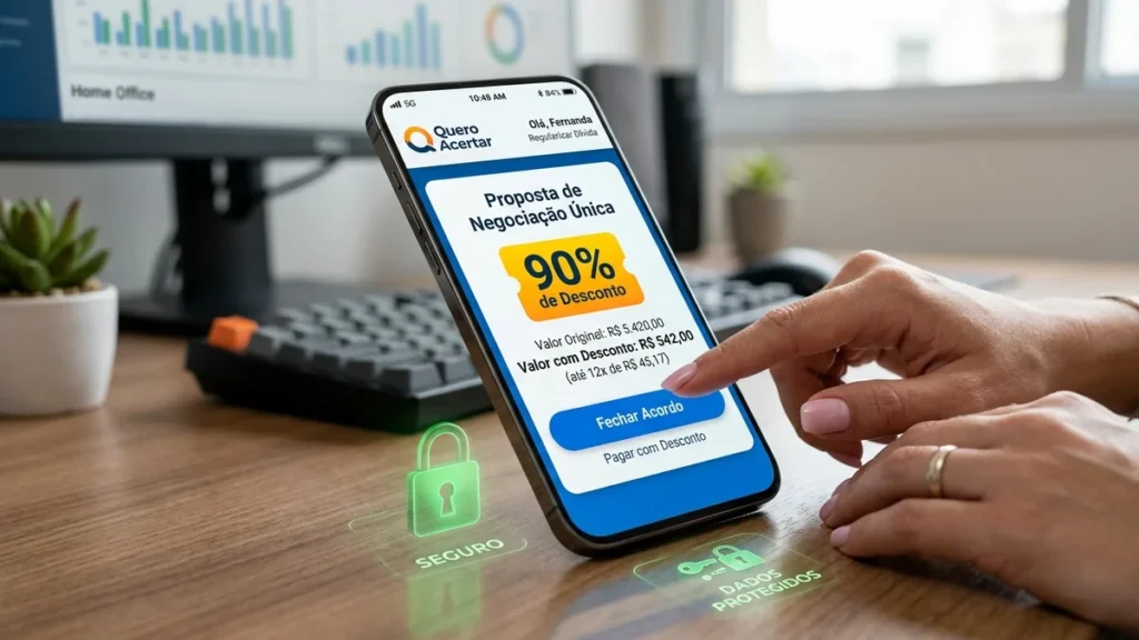 Close-up de um smartphone exibindo uma oferta de negociação de dívida online com 90% de desconto e selos de segurança digital na plataforma Quero Acertar.