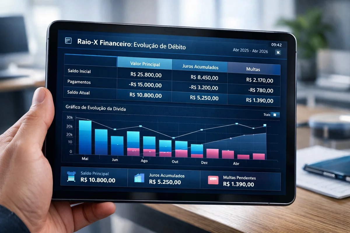 Close-up de um tablet mostrando o detalhamento técnico de uma dívida, separando o valor principal dos juros e multas acumulados para uma consulta clara.