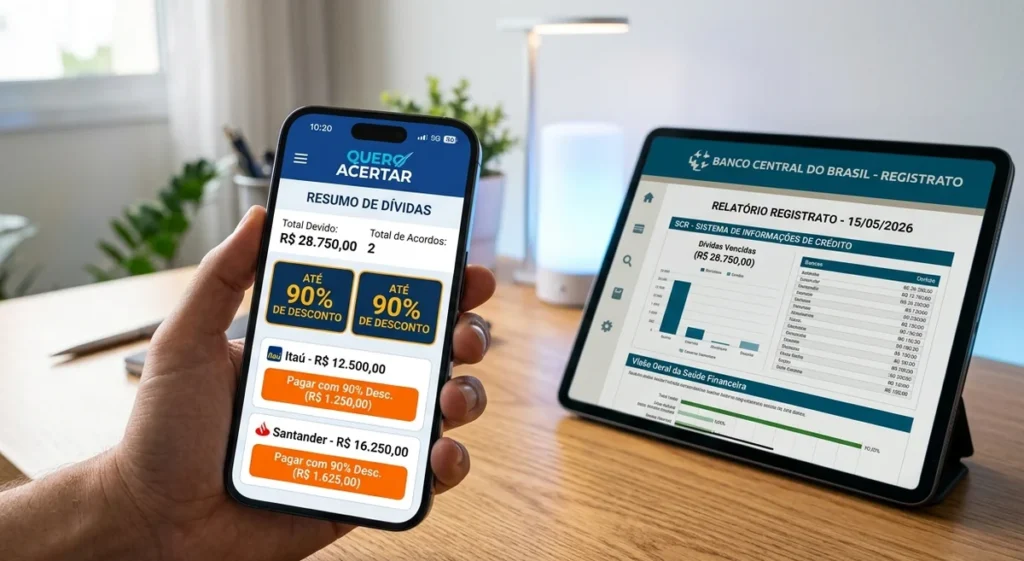 Close-up de um celular com o site Quero Acertar aberto mostrando descontos em dívidas ao lado de um tablet com relatório financeiro.