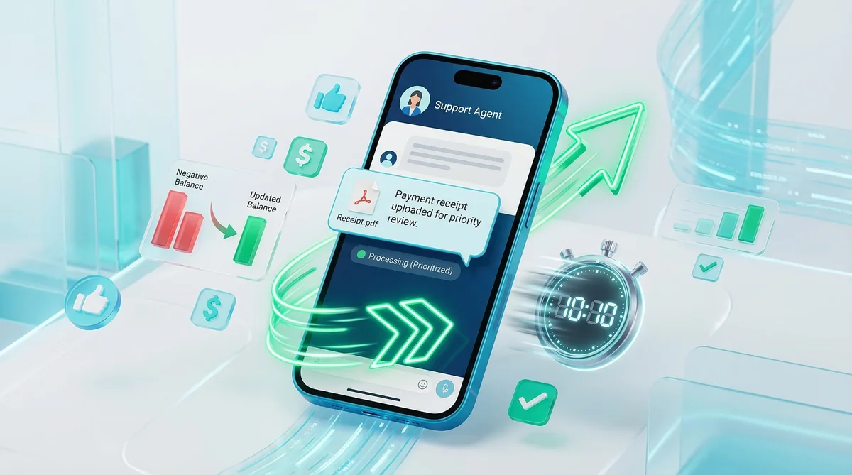 Ilustração 3D de um smartphone enviando um comprovante de pagamento via chat para acelerar a limpeza do nome nos órgãos de proteção ao crédito.
