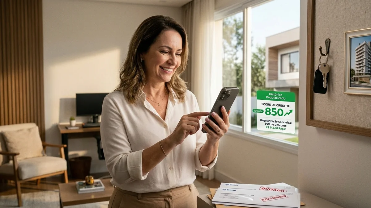 Pessoa sorridente visualizando a recuperação de sua credibilidade financeira no celular, simbolizando o fim de dívidas antigas e a conquista de novos sonhos.