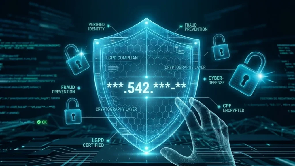 Ilustração digital de um escudo de proteção envolvendo um CPF, simbolizando a segurança de dados e a prevenção contra golpes financeiros no WhatsApp.