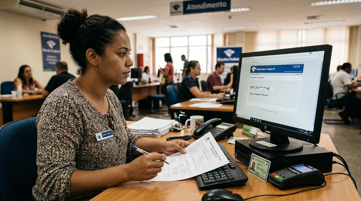 Atendente da Receita Federal consultando situação de CPF.